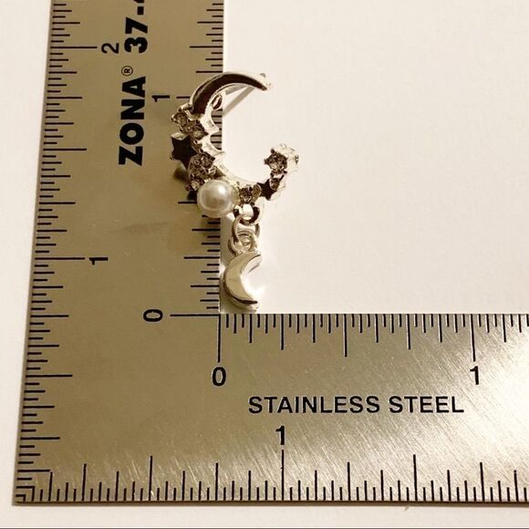 Silver Mini Crescent Moon Chain Earrings - Picture 5 of 7